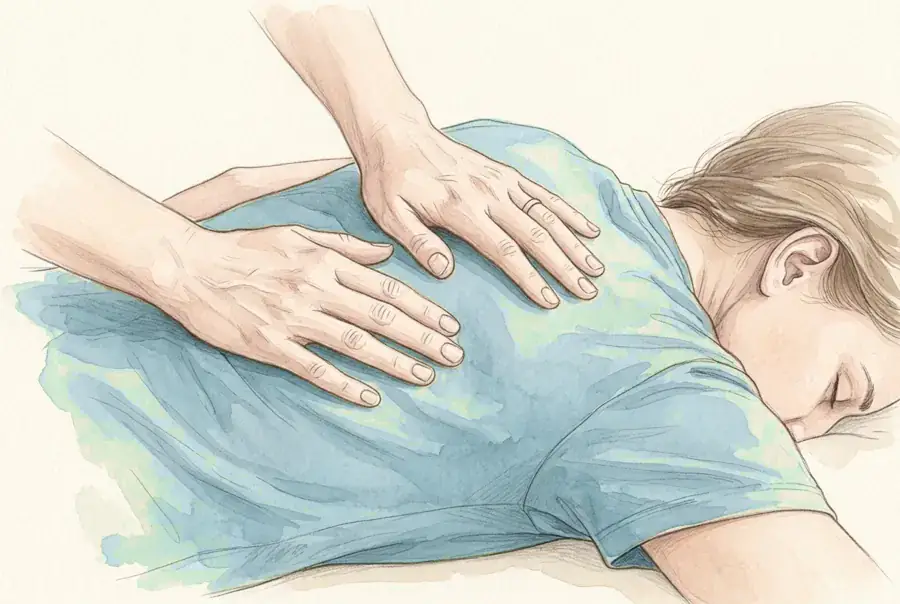 Mains posées sur le dos d'une personne allongée